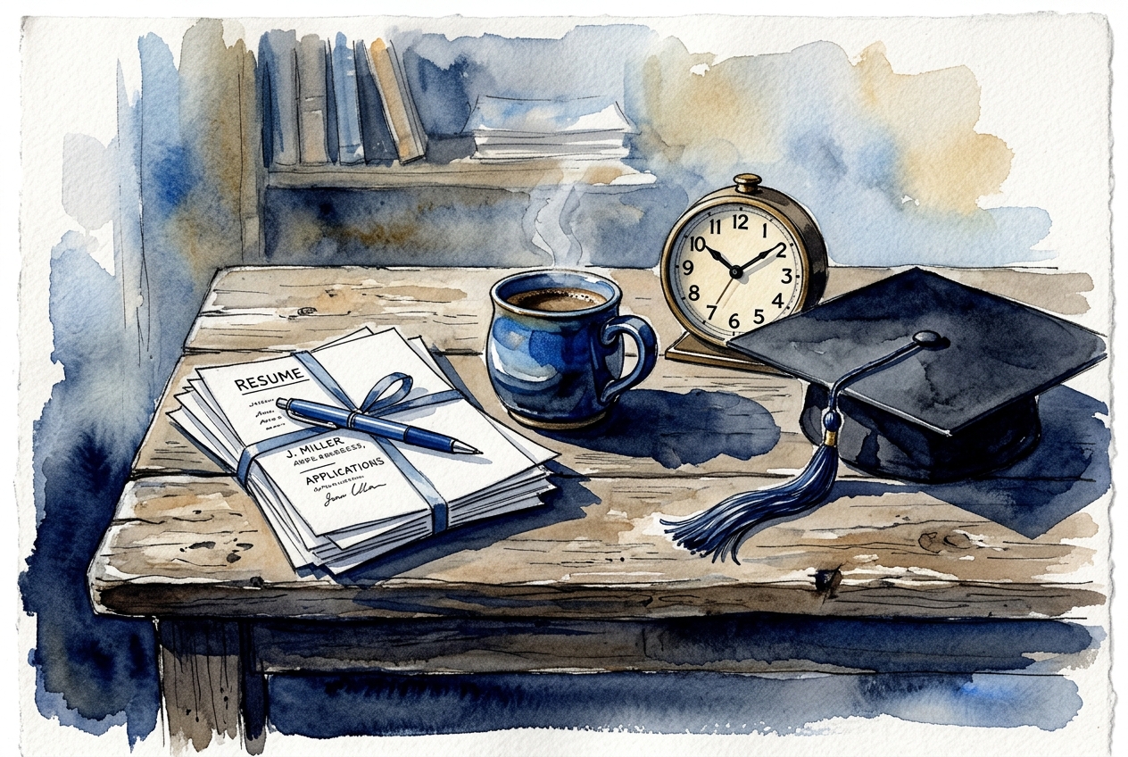 Watercolor artistic sketch representing job hunt artifacts
